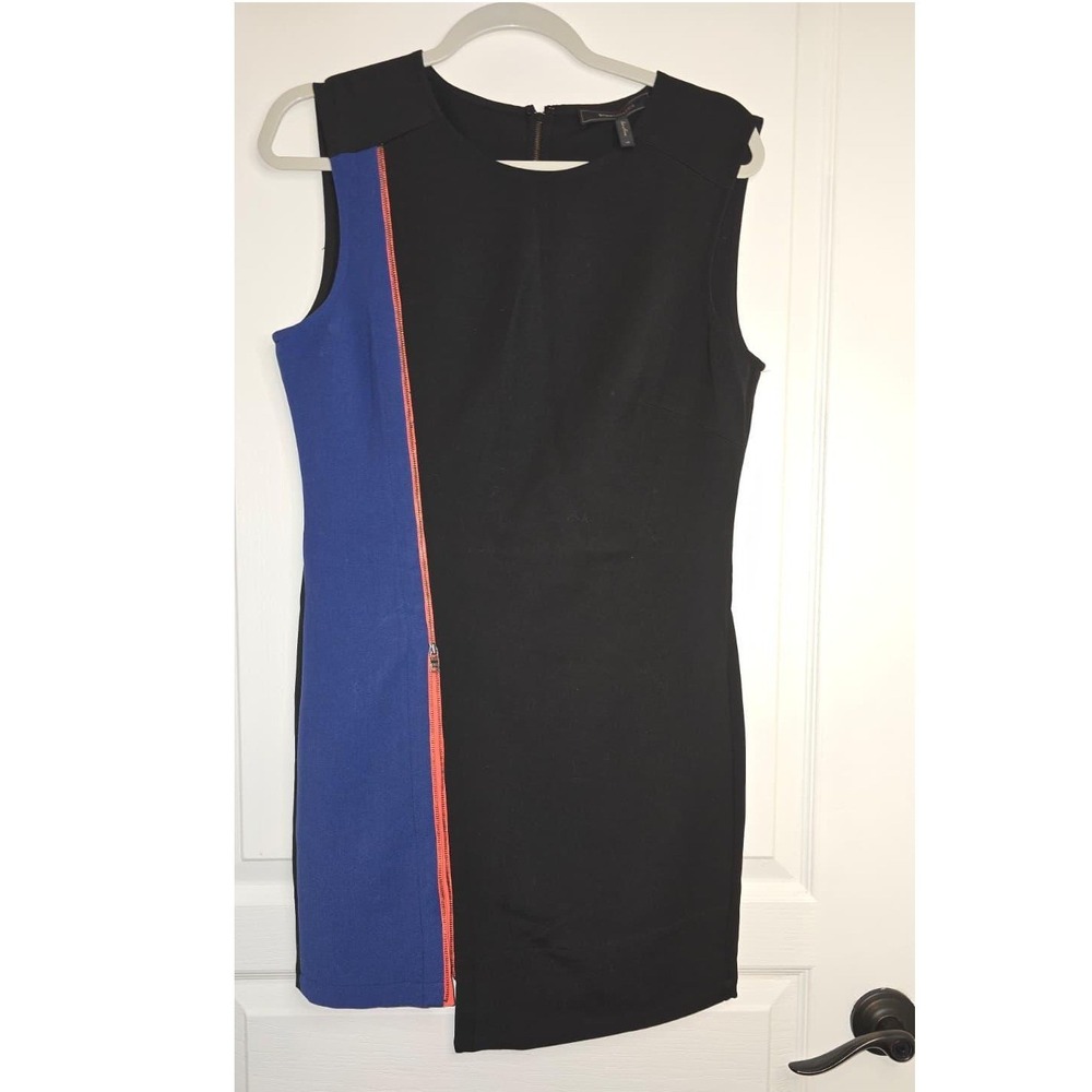 BCBGMAXAZRIA Nikole Colorblock Asymmetrical Zip Sheath Dress Black Blue Size 10